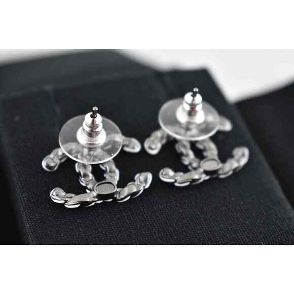 Chanel 22P Ruthenium Silver White Chain CC Logo Drop Statement Stud Earrings - Picture 12 of 12